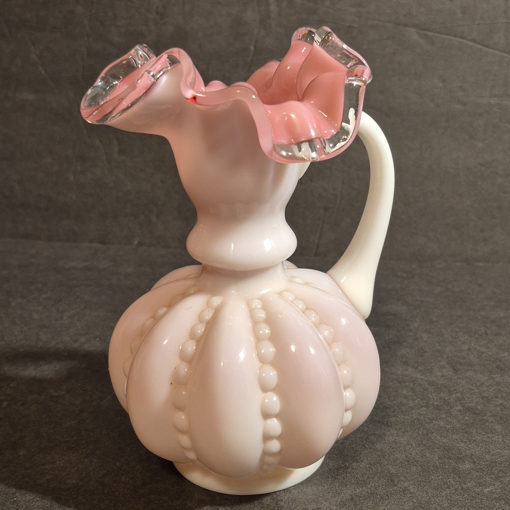 Fenton Silver Crest Beaded Melon White Pink Ruffled Applied Handle Ewer Vase